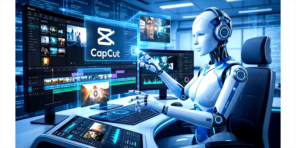 An advanced AI robot wearing headphones and sitting at a futuristic desk, using its robotic hands and holographic interfaces to edit video projects in a sophisticated studio. This image illustrates how anyone can edit videos efficiently and create professional content, similar to the powerful tools offered by CapCut for free.