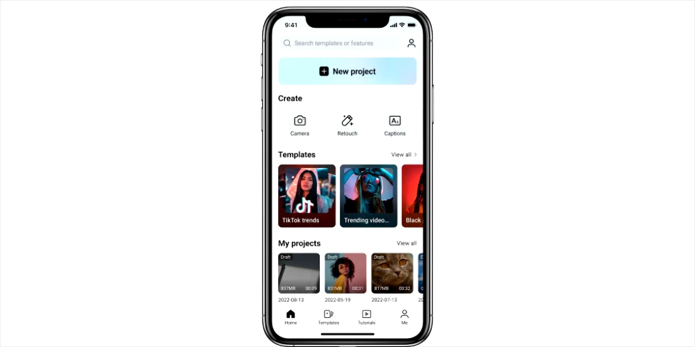 A mobile phone screen displaying the CapCut for free homescreen, featuring a 'New project' button, recent projects, and trending templates for video editing.