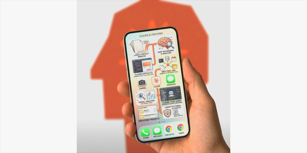A hand holding a smartphone displaying a clean visual infographic of Claude AI features on its home screen, including large context window, Claude Artifacts, MCP tool use, visual analysis, coding agent capabilities, and persistent projects, set against a blurred red and white background.