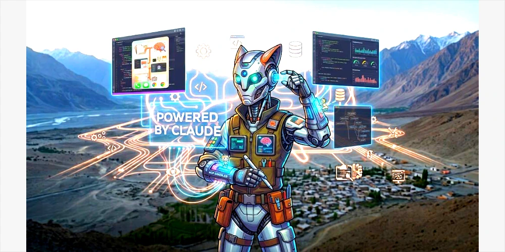 A robotic anthropomorphic fox-like character with glowing eyes stands in a high-altitude Pakistani valley over a futuristic village. It is interacting with hovering data screens and a complex neon neural network displaying key Claude AI features, including large context window, code agents, visual analysis, and MCP tool use, under the prominent text 'POWERED BY CLAUDE
