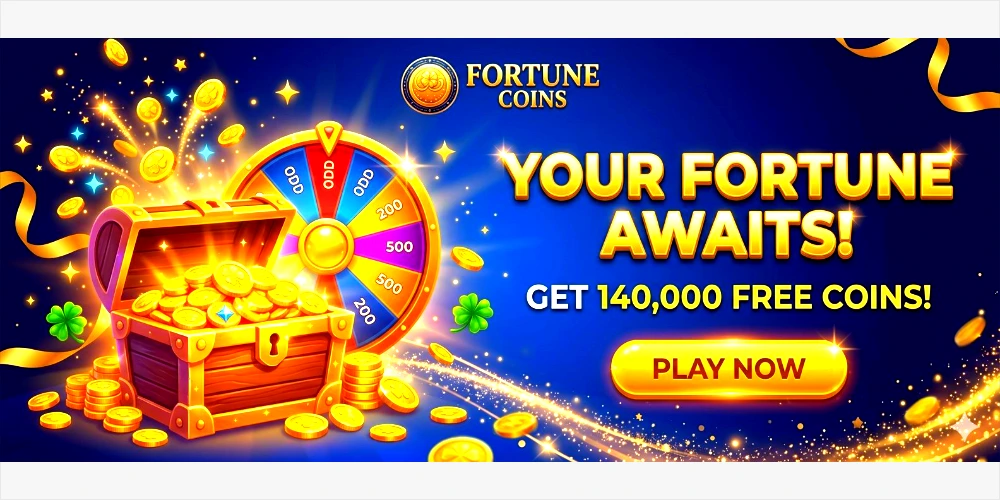 A wide promotional web banner for Fortune Coins featuring an open wooden treasure chest overflowing with gold coins, a lucky prize wheel spinning behind it, and bold golden text reading "YOUR FORTUNE AWAITS! GET 140,000 FREE COINS!" next to a prominent "PLAY NOW" button against a dark blue, starry background.