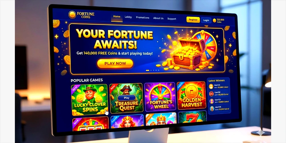 A desktop monitor displaying the home page interface of a social casino website called Fortune Coins, featuring a dark blue theme with floating gold coins, a large banner reading "YOUR FORTUNE AWAITS!", game cards like Lucky Clover Spins and Fortune's Wheel, and a live winners feed.