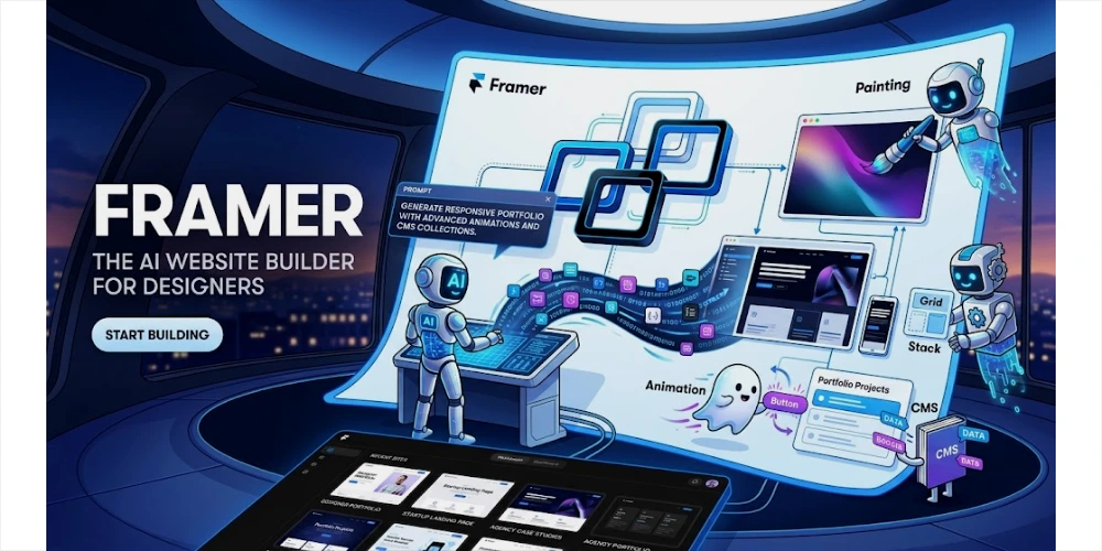 A detailed, illustrated interface visualization for Framer, showing a futuristically designed AI website builder workspace. The central curved display features several AI robots and a playful ghost character actively generating and painting a complex, modular website portfolio. Text on the left clearly reads 'FRAMER' and 'THE AI WEBSITE BUILDER FOR DESIGNERS'. A large control panel in the foreground previews multiple created portfolio projects. This scene illustrates the integration of AI characters creating websites within the Framer design environment.