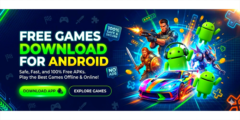 A wide website banner advertisement for a free games download for android platform, showcasing action game characters, a colorful racing car, green robot mascots, and clear call-to-action buttons.