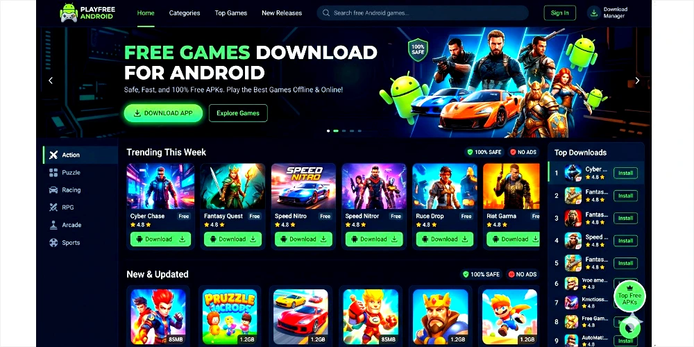 A dark-themed website homescreen interface for a free games download for android platform, displaying popular mobile game cards, download buttons, a search bar, and category filters.