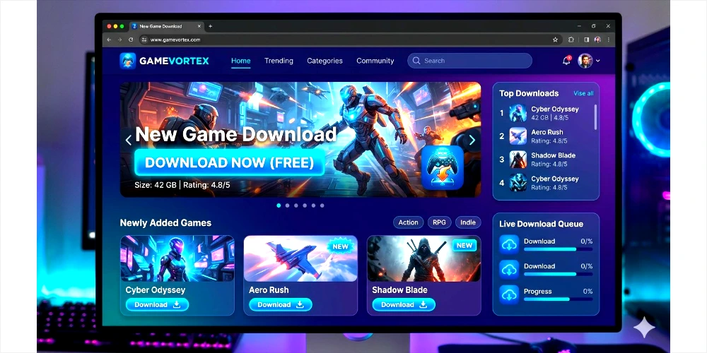 A dark-themed desktop game download website interface featuring a prominent "New Game Download" carousel banner, featured game tiles, a leaderboard for top downloads, and a live download progress queue.