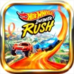 A square website icon for Hot Wheels Infinite Rush featuring a metallic gold border. The dynamic composition shows a red muscle car and a blue race car speeding along an orange loop track. Sparks and fire trails fly from beneath the cars. The top of the icon features the iconic red and yellow Hot Wheels logo with the words "Infinite Rush" stylized in bold white and yellow script against a blue sky and detailed racing valley background.