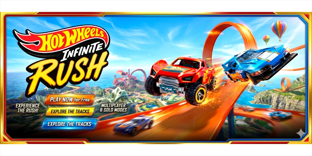 A widescreen promotional website banner for Hot Wheels Infinite Rush enclosed in a slim metallic gold frame. On the left side, the vibrant red, white, and yellow game logo is prominently displayed above three colorful, rounded call-to-action buttons reading "PLAY NOW for Free", "EXPLORE THE TRACKS", and another "EXPLORE THE TRACKS" variation. The right side features a high-speed action scene with a futuristic red off-roader and a blue sport-tuned race car drifting down a giant orange stunt track that loops high into a clear blue sky filled with hot air balloons and lush green coastal vistas.