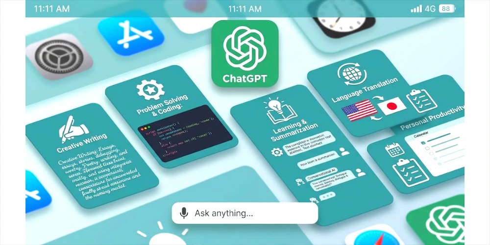 A promotional banner displaying various features and use cases to illustrate how to use ChatGPT for free on mobile devices.