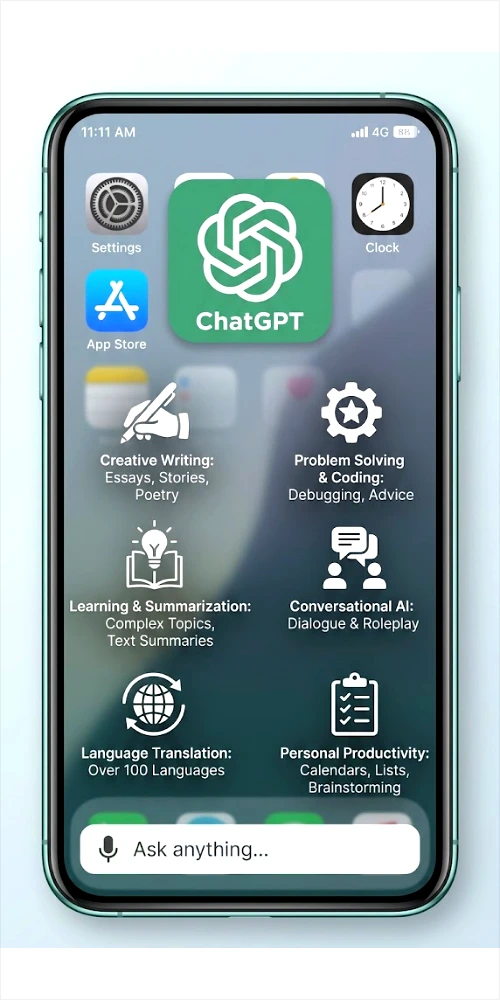 A close-up of the official green ChatGPT app icon, showing the OpenAI logo and name, illustrative of how to use ChatGPT for free on an iPhone.