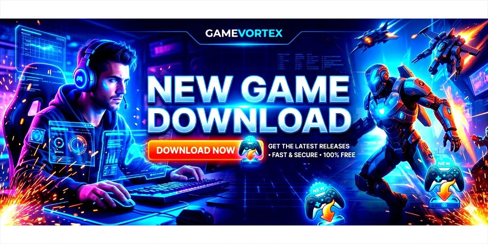  A wide gaming website banner featuring a gamer with a headset at a desktop setup, sci-fi action game characters, floating icons, and central bold text reading "New Game Download" with a prominent orange action button.
