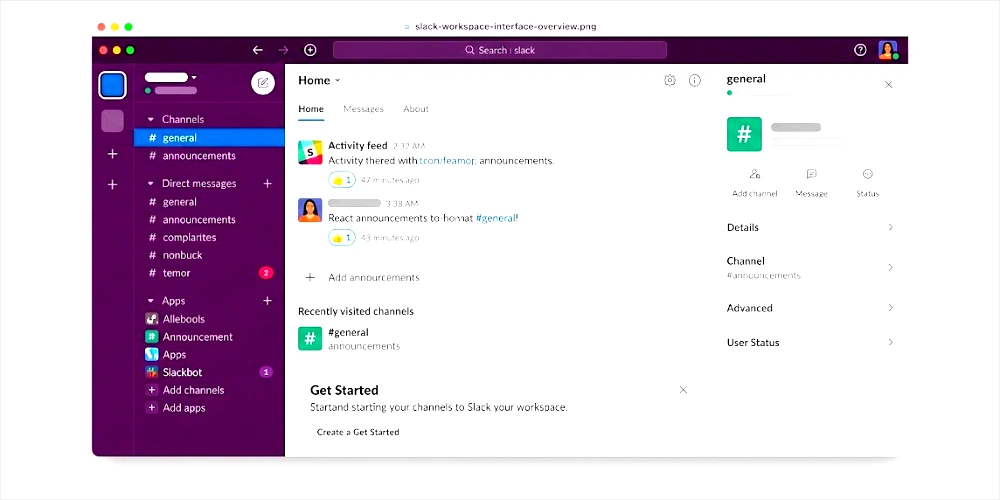 Illustration of a Slack workspace showing channels, direct messages, and a message thread