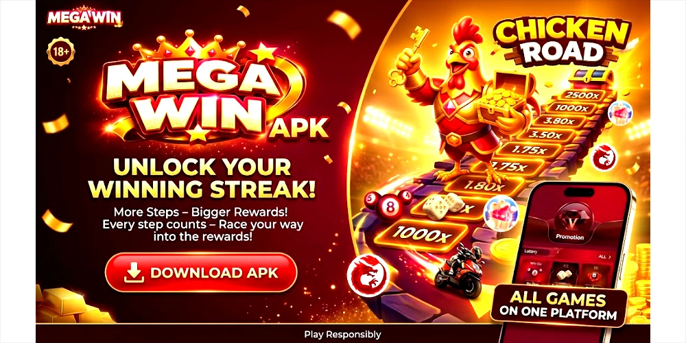 Promotional banner for the Mega Win APK download featuring the Chicken Road mini-game, lottery dice, and mobile app interface on a crimson gaming background.