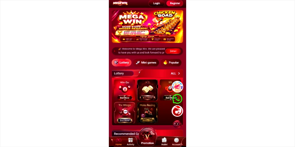 Mega Win APK mobile gaming interface with lottery and mini games